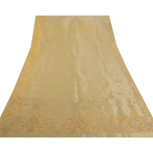 Sanskriti Vintage Cream Sarees Art Silk Hand Beaded Craft Fabric Premium Sari, PS-52350