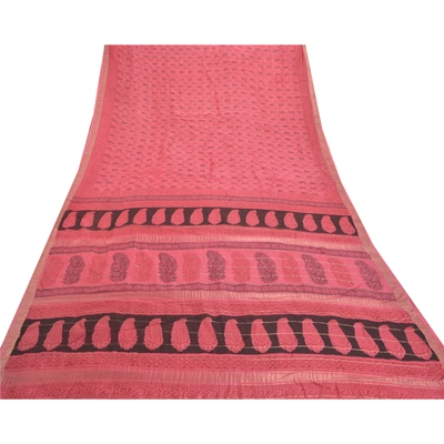 Sanskriti Vintage Pink Sarees Pure Silk Hand-Block Printed Fabric 5 Yard Sari, PS-57592