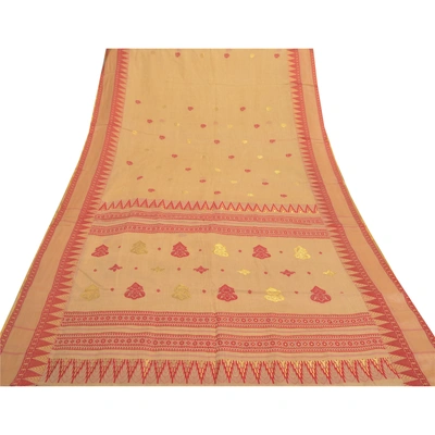 Sanskriti Vintage Beige Indian Sari Pure Cotton Hand Woven Sarees Premium Fabric, PS-55874