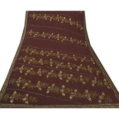 Sanskriti Vintage Coffee Brown Sarees Blend Georgette Fabric Hand Beaded Sari, PS-52276