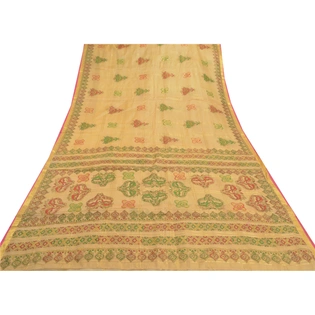 Sanskriti Vintage Beige Sarees 100% Pure Silk Painted Craft Sari 5 Yard Fabric, PS-57743