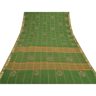 Sanskriti Vintage Green Sarees Pure Cotton Woven & Painted Craft Sari Fabric, PS-55525