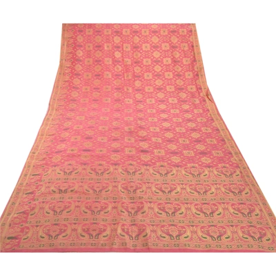 Sanskriti Vintage Pink Sarees Art Silk Woven Craft Fabric Premium 5 Yard Sari, PS-54257