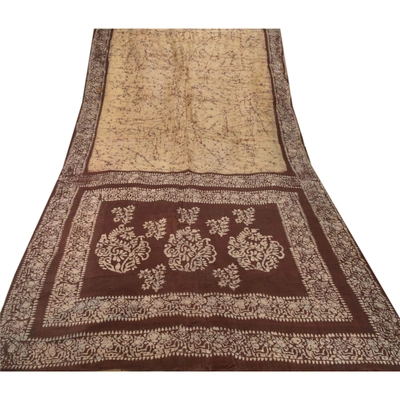 Sanskriti Vintage Cream Indian Sari Pure Silk Batik Work Sarees Craft Fabric, PS-53975