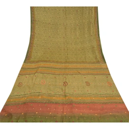 Sanskriti Vintage Green Indian Sarees 100% Pure Silk Hand Beaded Sari Fabric, PS-58229