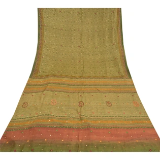 Sanskriti Vintage Green Indian Sarees 100% Pure Silk Hand Beaded Sari Fabric, PS-58229