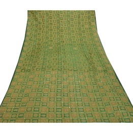 Sanskriti Vintage Green Sarees Organza Hand Beaded Woven Premium Sari Fabric, PS-56438