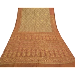 Sanskriti Vintage Brown Sarees Blend Cotton Hand Beaded Premium Sari Fabric, PS-56320