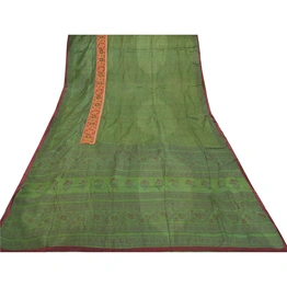 Sanskriti Vintage Green Sarees Pure Silk Block Print Premium Sari 5 Yard Fabric, PS-56145