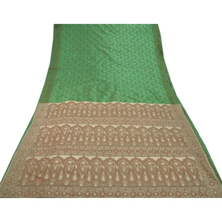 Sanskriti Vintage Green Sarees Art Silk Woven Craft Fabric Premium 5 Yard Sari, PS-54477