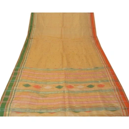 Sanskriti Vintage Cream Sarees 100% Pure Silk Woven Traditional Tant Sari Fabric, PS-55064