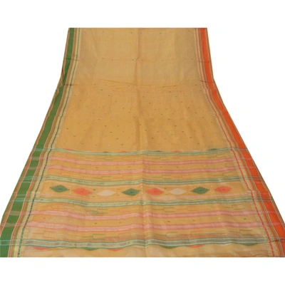 Sanskriti Vintage Cream Sarees 100% Pure Silk Woven Traditional Tant Sari Fabric, PS-55064