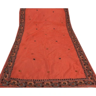 Sanskriti Vintage Orange Sarees Art Silk Hand Beaded Craft Fabric Cultural Sari, PS-48159