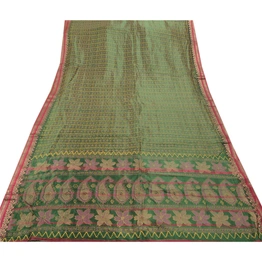 Sanskriti Vintage Indian Sarees Art Silk Painted Green Fabric Premium 5 Yd Sari, PS-47243