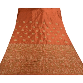 Sanskriti Vintage Indian Sarees 100% Pure Silk Woven Orange Craft Fabric Sari, PS-47312