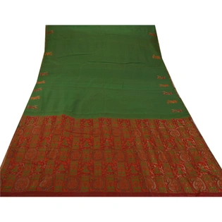 Sanskriti Vintage Sarees Cotton Blend Woven Green Fabric Premium 5 Yd Craft Sari, PS-44996