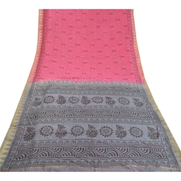 Sanskriti Vintage Indian Pink Sari Blend Silk Block Printed Sarees Craft Fabric, PS-58137