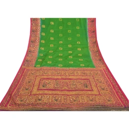 Sanskriti Vintage Green Sarees Art Silk Hand Beaded Premium Sari Craft Fabric, PS-58588