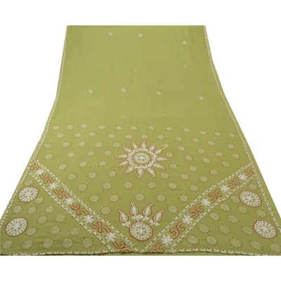 Sanskriti Vintage Green Sarees Cotton Hand Embroidered Fabric Chikankari Sari, PS-43396