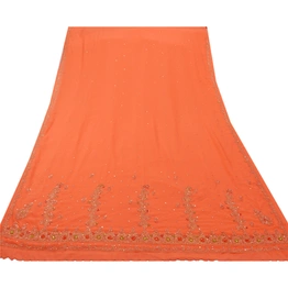 Sanskriti Vintage Indian Sarees Georgette Hand Beaded Peach Fabric Cultural Sari, PS-47238