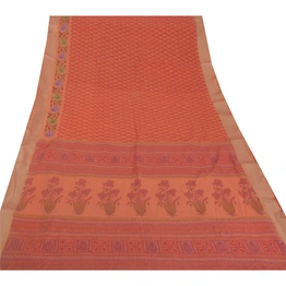 Sanskriti Vintage Peach Sarees Blend Cotton Embroidered Fabric Premium 5 Yd Sari, PS-38375