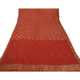 Sanskriti Vintage Red Sarees Pure Georgette Silk Hand Beaded 5 Yard Fabric Sari, PS-51069