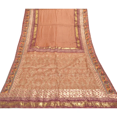 Sanskriti Vintage Peach Sarees Pure Silk Hand Beaded Woven Sari 5 Yard Fabric, PS-55891