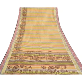 Sanskriti Vintage Indian Sarees Art Silk Warli Printed Human Premium Sari Fabric, PS-57231