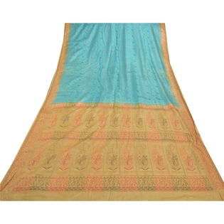 Sanskriti Vintage Turquoise Sarees Pure Silk Hand-Woven Premium Sari Fabric, PS-57713