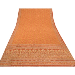 Sanskriti Vintage Orange Sarees Pure Silk Sari Hand Beaded Kantha 5 Yard Fabric, PS-57723