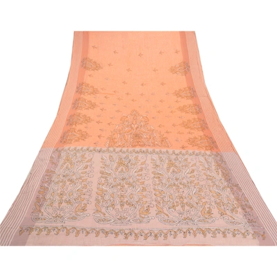 Sanskriti Vintage Peach Sarees Pure Cotton Sari Hand Embroidered Kantha Fabric, PS-57750