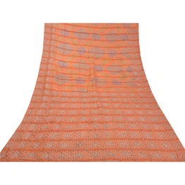 Sanskriti Vintage Peach Indian Sarees Pure Silk Hand Beaded Premium Sari Fabric, PS-58437