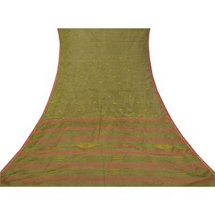 Sanskriti Vintage Green Sarees Pure Silk Hand-Woven Indian Tant Sari Fabric, PS-58383