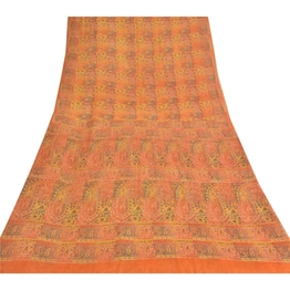 Sanskriti Vintage Orange Sarees Pure Chiffon Silk Printed Fabric Craft Sari, PRG-8961