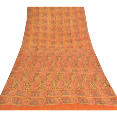 Sanskriti Vintage Orange Sarees Pure Chiffon Silk Printed Fabric Craft Sari, PRG-8961