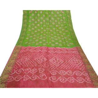 Sanskriti Vintage Green Saree Blend Georgette Bandhani Printed Sari Craft Fabric, PRG-8024