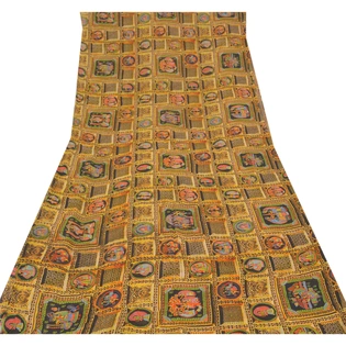 Sanskriti Vintage Yellow Sarees Blend Georgette Printed Sari Craft Fabric, PRG-10019