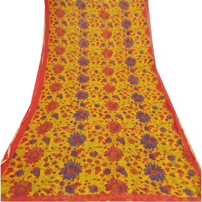 Sanskriti Vintage Yellow Sarees Blend Georgette Printed Sari Craft Fabric, PRG-9253