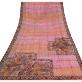 Sanskriti Vintage Pink Sarees Blend Georgette Printed Sari 5Yd Craft Soft Fabric, PRG-5858