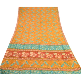 Sanskriti Vintage Saffron Sarees Pure Georgette Silk Printed Sari Craft Fabric, PRG-10156