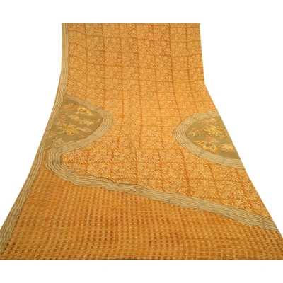 Sanskriti Vintage Mustard Printed Sarees Pure Georgette Silk Sari Craft Fabric, PRG-11151