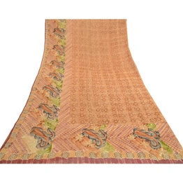 Sanskriti Vintage Sarees Brown Pure Geogette Silk Embroidery Printed Sari Fabric, PRG-11807