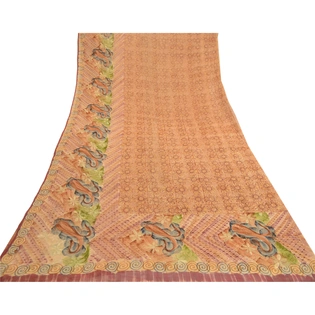 Sanskriti Vintage Sarees Brown Pure Geogette Silk Embroidery Printed Sari Fabric, PRG-11807