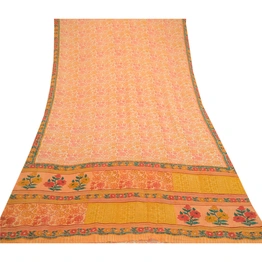 Sanskriti Vintage Peach Sarees Pure Georgette Silk Printed Sari 5Yd Craft Fabric, PRG-10971