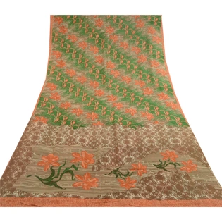 Sanskriti Vintage Green Printed Sarees Pure Georgette Silk Sari 5Yd Craft Fabric, PRG-10789