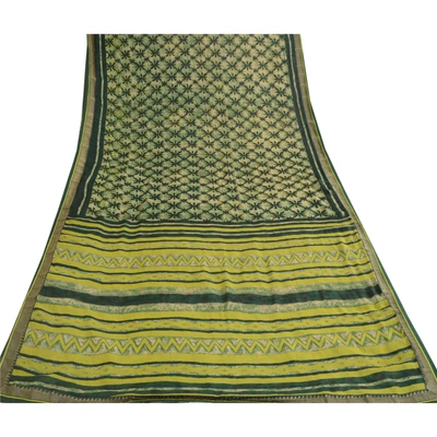 Sanskriti Vintage Green Indian Printed Sarees Georgette Sari 5Yd Sewing Fabric, PRG-10762