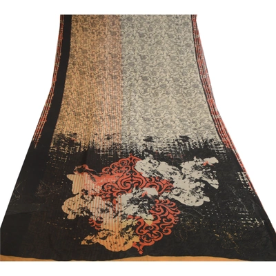 Sanskriti Vintage Black Sarees Pure Georgette Silk Printed Sari Craft Fabric, PRG-10327