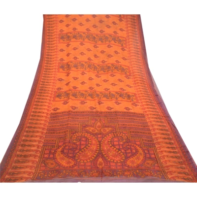 Sanskriti Vintage Orange Sarees Pure Georgette Silk Printed Sari Craft Fabric, PRG-10830