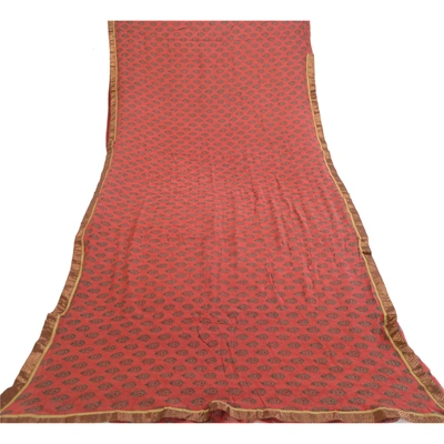 Sanskriti Vintage Sarees Block Printed Red Blend Georgette Sari 5Yd Craft Fabric, PRG-12102