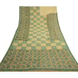 Sanskriti Vintage Saree Green Pure Georgette Silk Printed Sari Craft Soft Fabric, PRG-12219